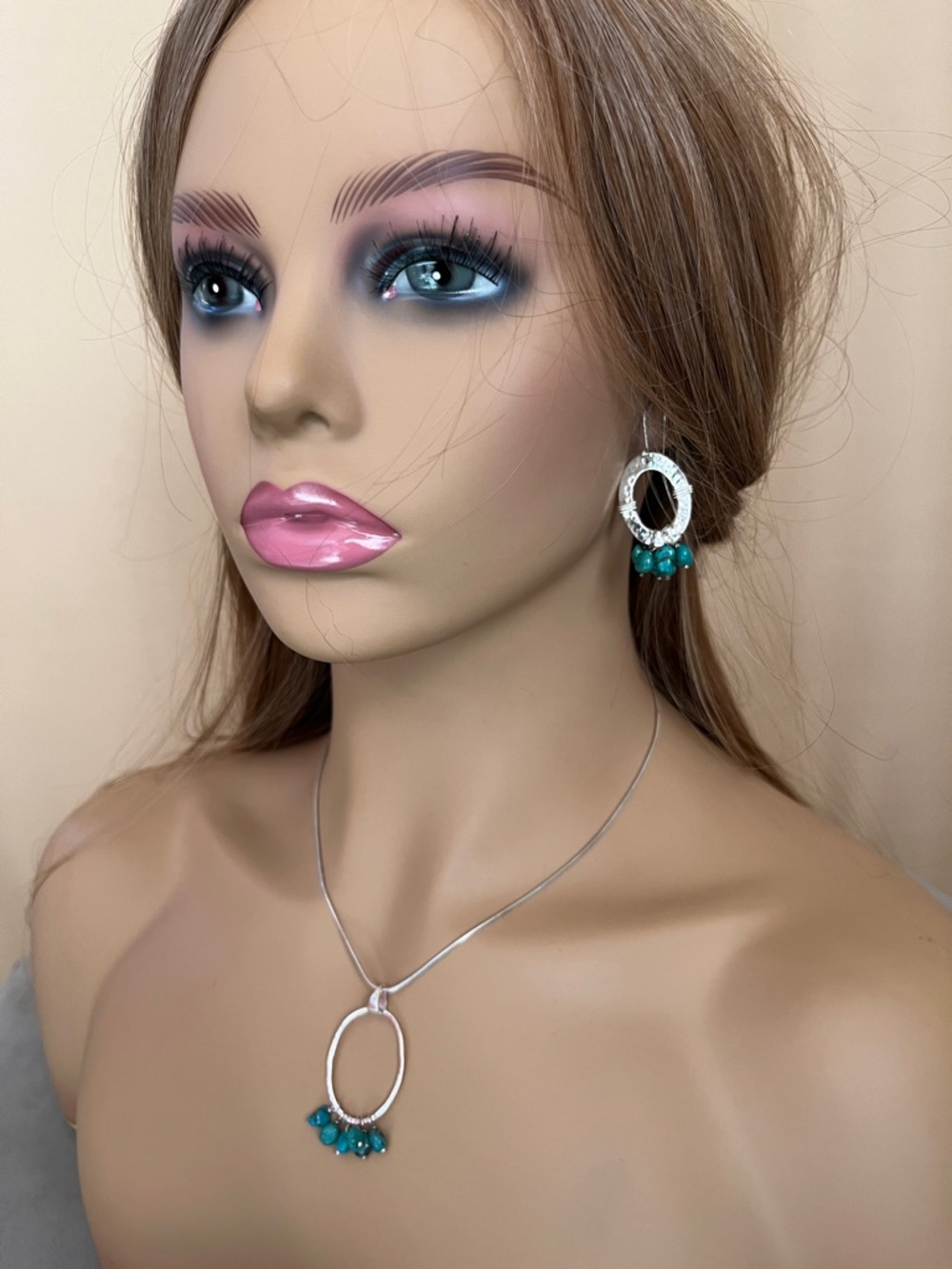 Unique Vintage Sterling Silver Oval Necklace with Turquoise Bead Cluster